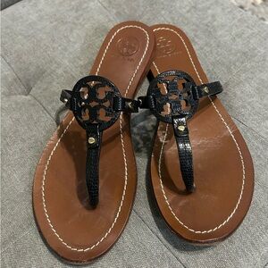Tory Burch Black and Brown Miller Logo Thong Sandals